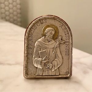 Saint Francis Assisi Franciscus Assisiensis home altar stand decor metal wood